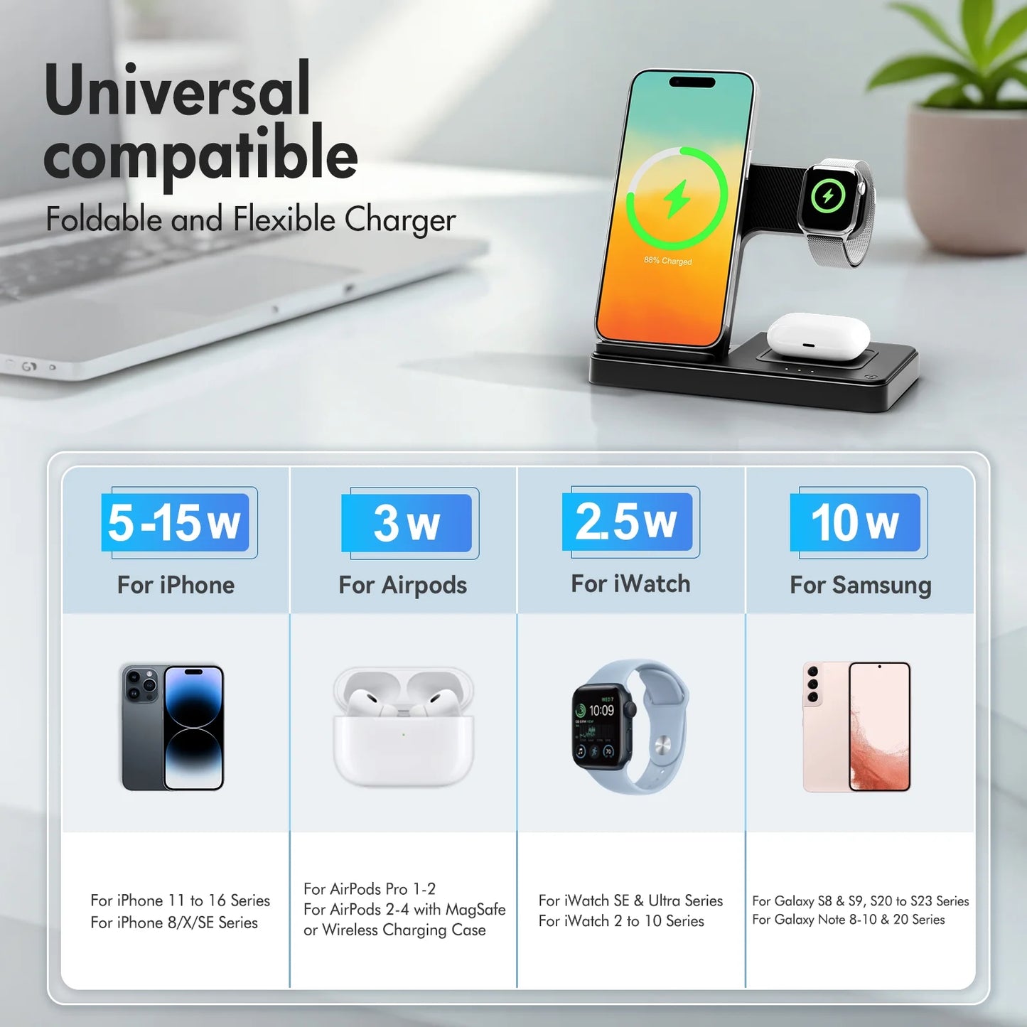 Wireless Charger for Iphone,3 in 1 Wireless Charging Station for Iphone 17 16 15 14 13 12 11 Pro Max plus XS XR X 8,For Iwatch 9 8 7 6 5 4 3 2 Se,For Airpods 3 2 Pro,Purple,No Adapter