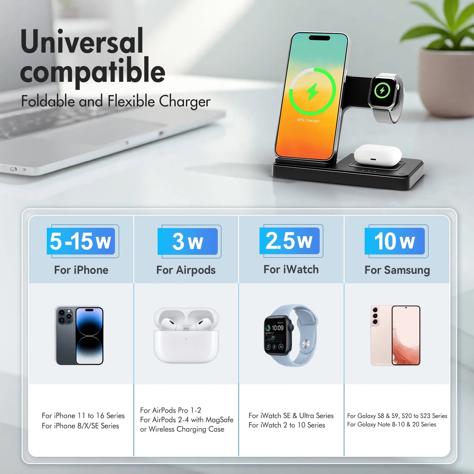 Wireless Charger for Iphone,3 in 1 Wireless Charging Station for Iphone 17 16 15 14 13 12 11 Pro Max plus XS XR X 8,For Iwatch 9 8 7 6 5 4 3 2 Se,For Airpods 3 2 Pro,Purple,No Adapter