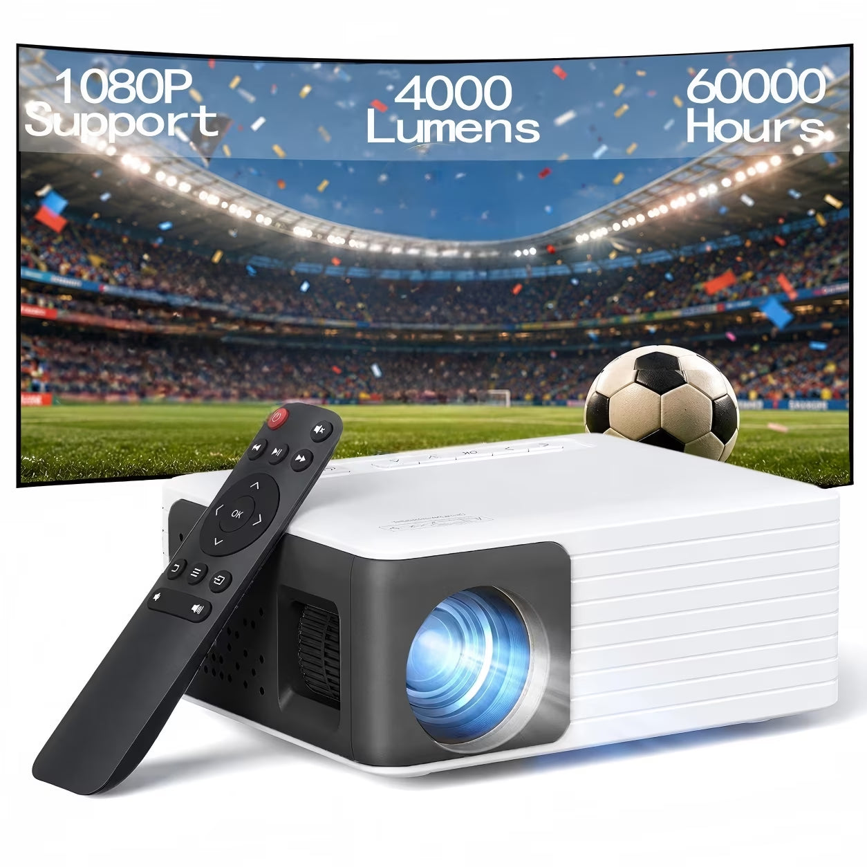 Mini Projector 720P HD Portable Projector, 4000 Lumens LED, Wifi Bluetooth 5.1, 30–120" Screen, HDMI USB AV Compatible, Home Theater Outdoor Movie Projector, Black