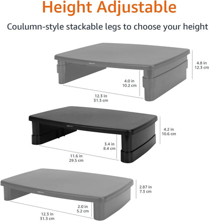 Height Adjustable Monitor Stand Riser with Storage Organizer, 3-Level Stackable Design, Durable ABS Plastic, Supports up to 22Lbs, for Monitors & Laptops, Black