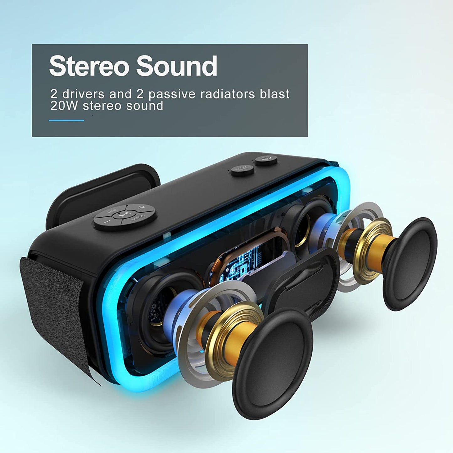 Soundbox Pro Bluetooth Speaker, 20W Stereo Sound, Active Extra Bass, 20H Playtime, Multi-Colors Lights, Wireless Stereo Pairing, IPX6 Waterproof for Garden, Hiking, Camping, Beach, Party-Blue