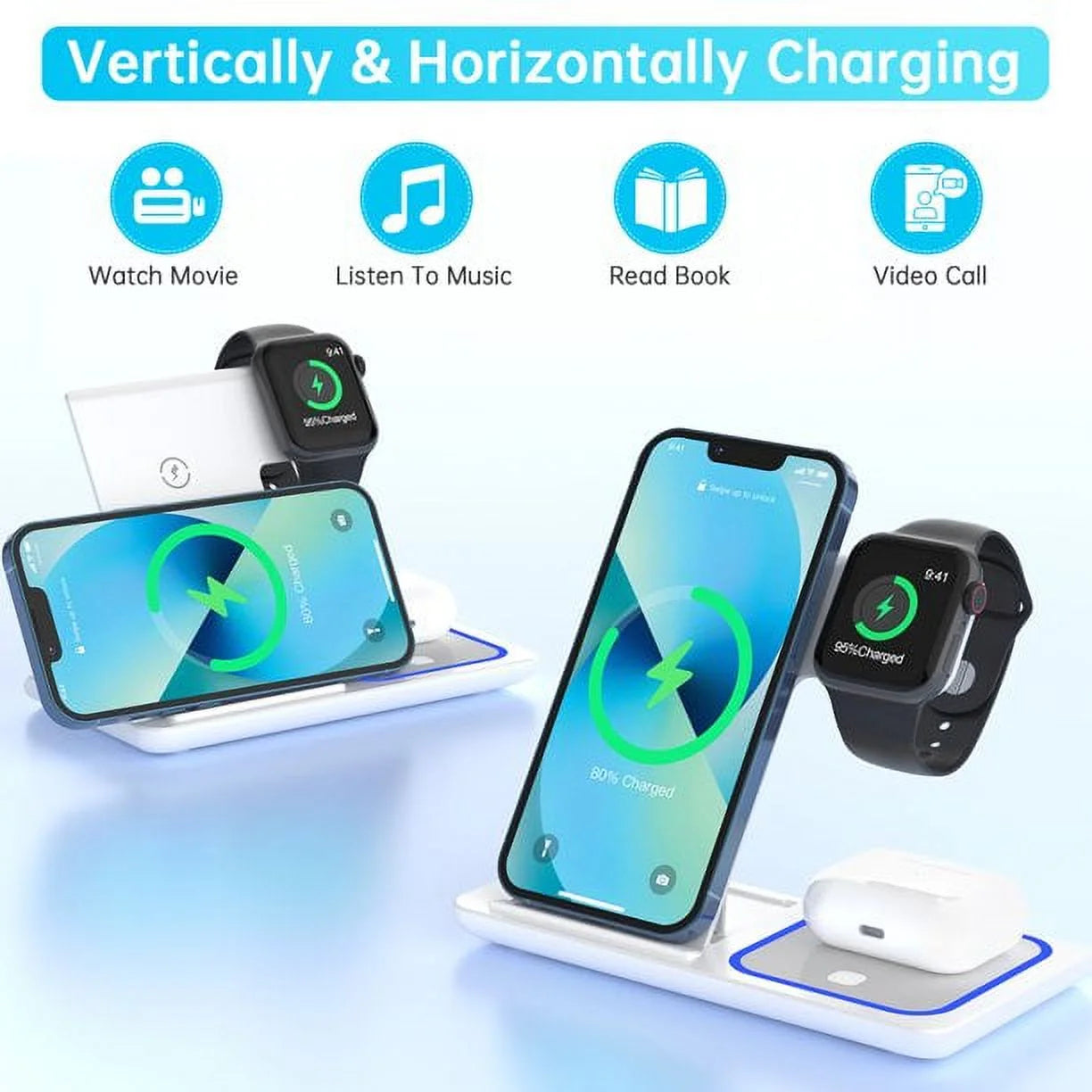 Wireless Charger, 3 in 1 Wireless Charging Station, Fast Charging Dock for Iphone 17/16/15/14/13/12/11/Pro/Xs/Sr/X/Galaxy, 15W Wireless Charger Stand for Apple Watch Series 10/9/8/7/6/5/4/3/Airpods