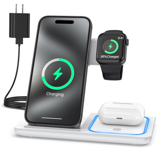 Wireless Charger, 3 in 1 Wireless Charging Station, Fast Charging Dock for Iphone 17/16/15/14/13/12/11/Pro/Xs/Sr/X/Galaxy, 15W Wireless Charger Stand for Apple Watch Series 10/9/8/7/6/5/4/3/Airpods
