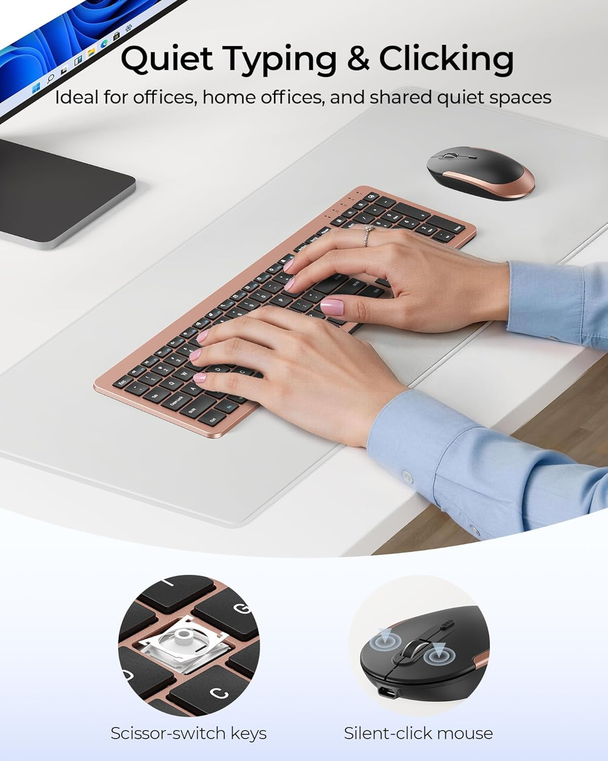 Wireless Keyboard and Mouse Combo, Rechargeable Quiet Keyboard Mouse, Sleek and Ultra Thin Design, Full-Size with Number Pad for Windows, Laptop, PC, Notebook, Desktop- Rose Gold & Black